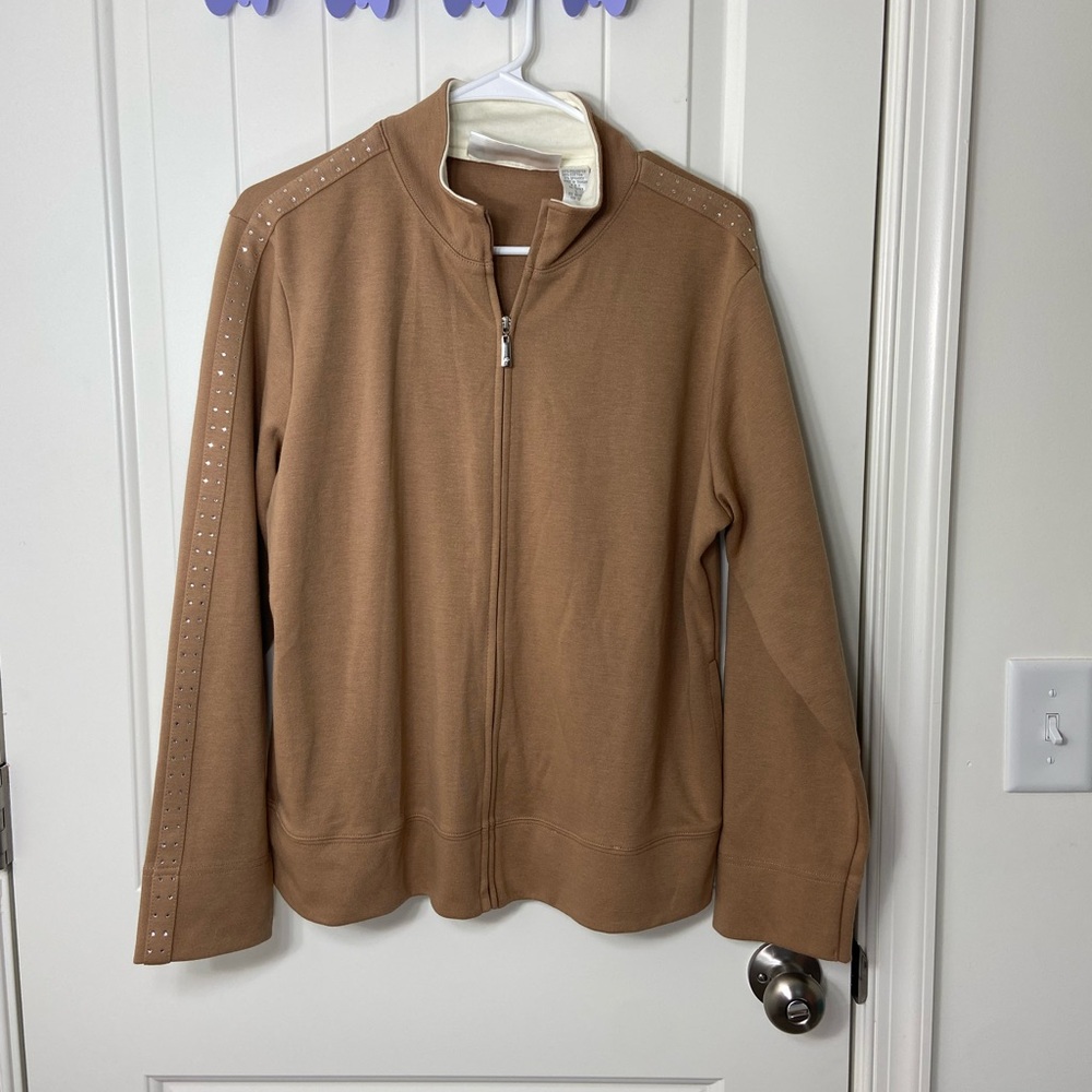 NWOT vintage Architect women’s tan cream zip jeweled sleeve full zip sweatshirt